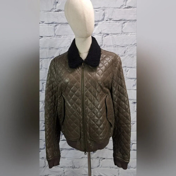 Burberry Lambskin Leather Shearling Bomber Winter Jacket Diamond Quilted Large
